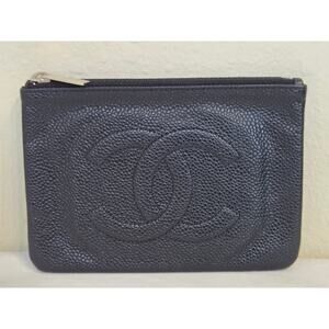 Chanel Black Caviar Leather CC Logo Zip Pouch Clutch Cosmetic Bag
